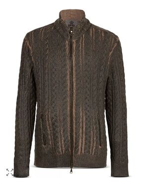 John Varvatos collection Brown coated Cable-Knit Zip Sweater Sz L RARE NWT